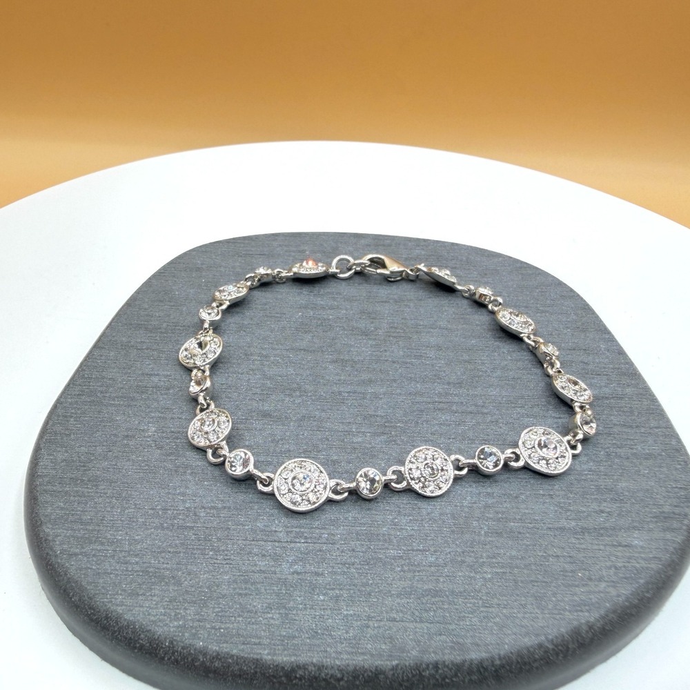 Silver Tone Clear Rhinestone Halo Station Link Bracelet Art Deco Style Fashion